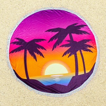 Круглое пляжное полотенце с бахромой Ø150см (23409) пальмы закат
