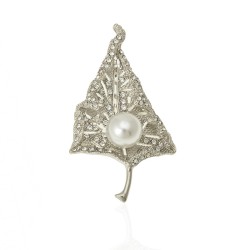 Брошка металева зі стразами Лист 6.4см (13941)