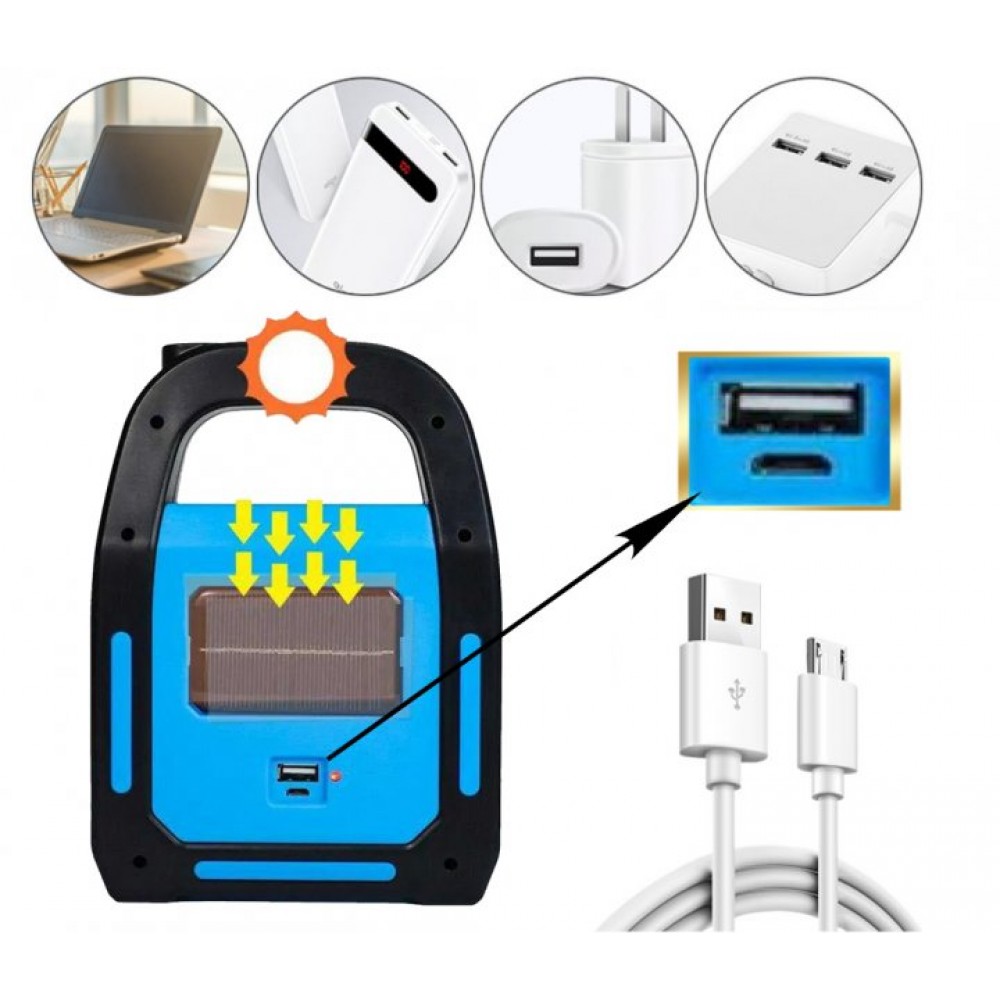 Аварийный аккумуляторный светодиодный LED фонарик USB повербанк с солнечной батареей 26393 синий 4